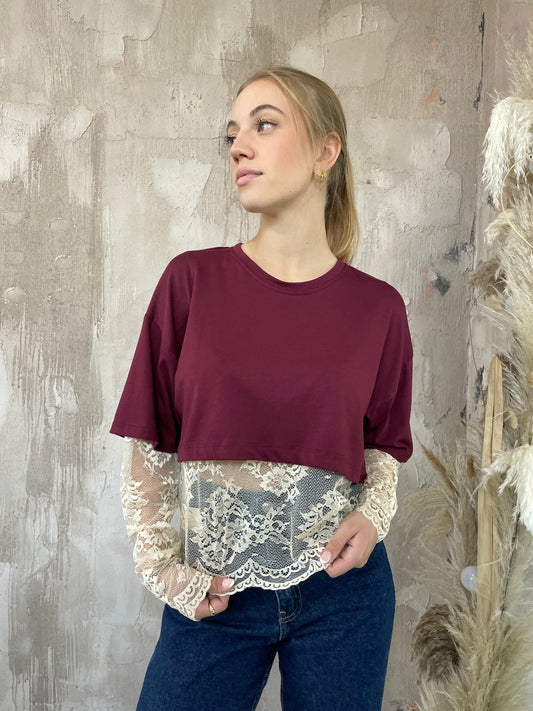 T shirt crop bordeaux manica pizzo